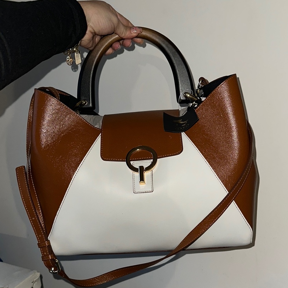 Brown and White Satchel with Structured Shape and Gold Hardware